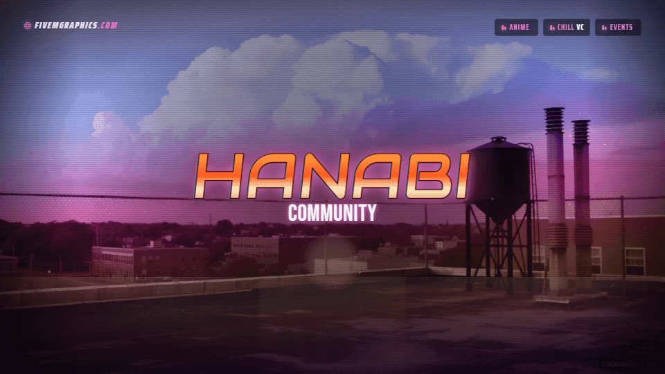 Anime Rooftop Grunge: a grunge anime rooftop scene laid out as a 1920 by 1080 FiveM loading screen for FiveM, with the server name across the middle and the invite on the ribbon.