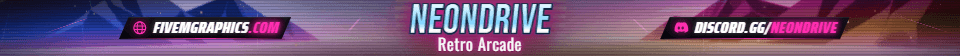 Arcade Grid Anime: a anime arcade grid scene laid out as a 1865 by 108 FiveM info banner for FiveM, with the server name across the middle and the invite on the ribbon.