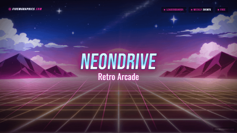 Arcade Grid Anime: a anime arcade grid scene laid out as a 1920 by 1080 FiveM loading screen for FiveM, with the server name across the middle and the invite on the ribbon.