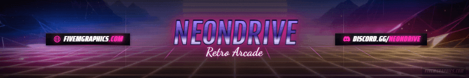 Arcade Grid Photoreal: a photoreal arcade grid scene laid out as a 1920 by 320 FiveM connecting banner for FiveM, with the server name across the middle and the invite on the ribbon.