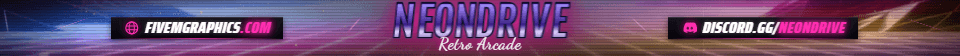 Arcade Grid Photoreal: a photoreal arcade grid scene laid out as a 1865 by 108 FiveM info banner for FiveM, with the server name across the middle and the invite on the ribbon.