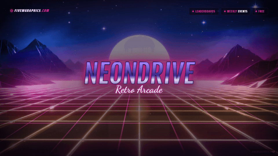 Arcade Grid Photoreal: a photoreal arcade grid scene laid out as a 1920 by 1080 FiveM loading screen for FiveM, with the server name across the middle and the invite on the ribbon.