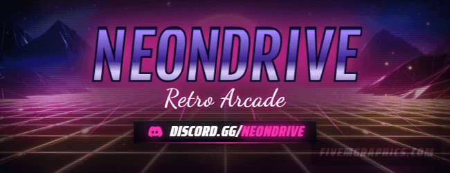 Arcade Grid Photoreal: a photoreal arcade grid scene laid out as a 650 by 250 forum signature for forums, with the server name across the middle and the invite on the ribbon.