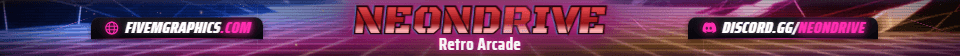 Arcade Grid Grunge: a grunge arcade grid scene laid out as a 1865 by 108 FiveM info banner for FiveM, with the server name across the middle and the invite on the ribbon.