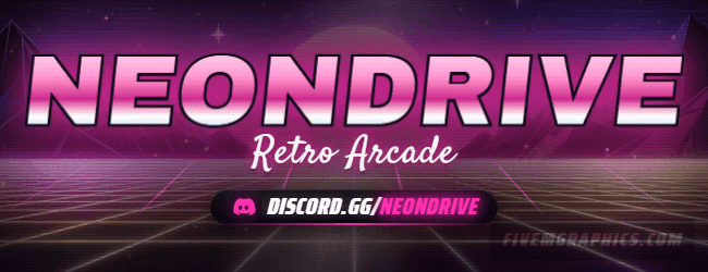 Arcade Grid Painted: a painted arcade grid scene laid out as a 650 by 250 forum signature for forums, with the server name across the middle and the invite on the ribbon.