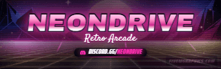 Arcade Grid Painted: a painted arcade grid scene laid out as a 320 by 100 Twitch panel for Twitch, with the server name across the middle and the invite on the ribbon.
