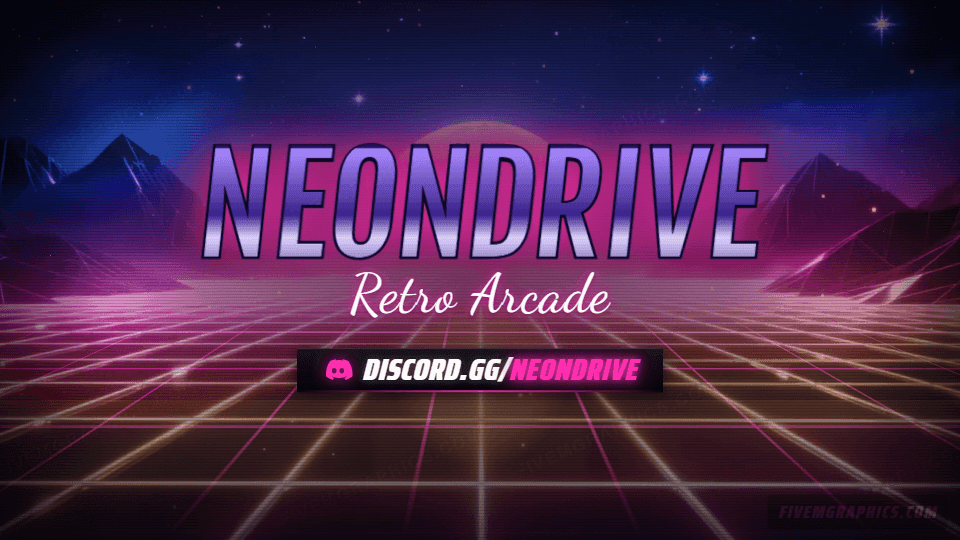Arcade Grid Photoreal: a photoreal arcade grid scene laid out as a 1920 by 1080 Twitch offline screen for Twitch, with the server name across the middle and the invite on the ribbon.