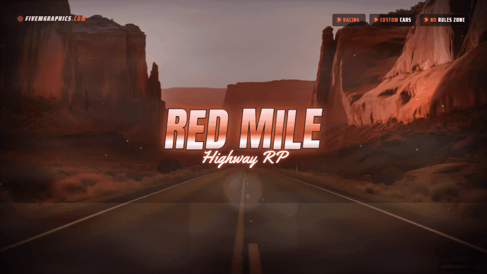 Canyon Highway Photoreal: a photoreal canyon highway scene laid out as a 1920 by 1080 FiveM loading screen for FiveM, with the server name across the middle and the invite on the ribbon.