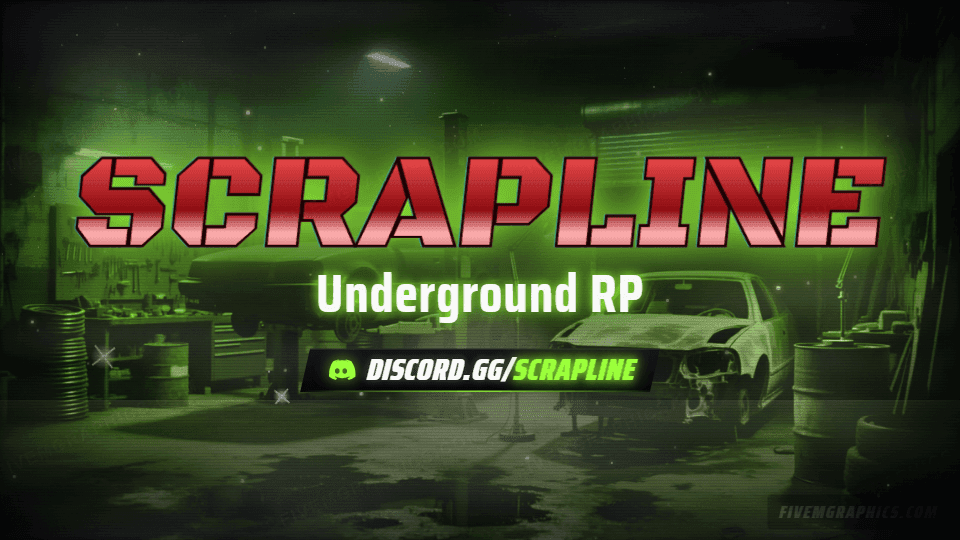 Chop Shop Grunge: a grunge chop shop scene laid out as a 960 by 540 Discord server banner for Discord, with the server name across the middle and the invite on the ribbon.