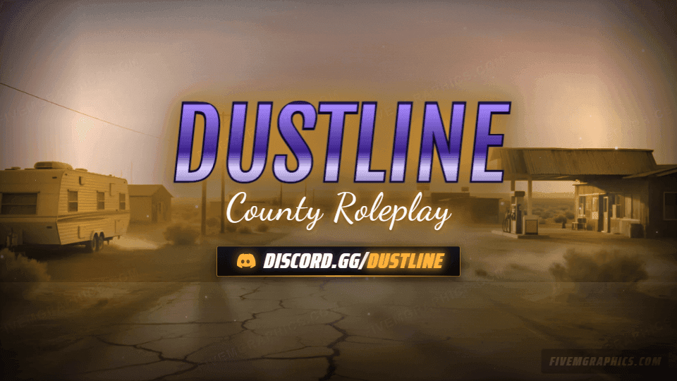 Desert Trailer Photoreal: a photoreal desert trailer scene laid out as a 1920 by 1080 Twitch offline screen for Twitch, with the server name across the middle and the invite on the ribbon.