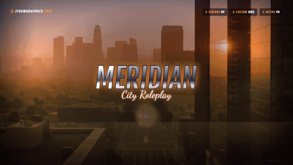 Downtown Dusk Photoreal: a photoreal downtown dusk scene laid out as a 1920 by 1080 FiveM loading screen for FiveM, with the server name across the middle and the invite on the ribbon.