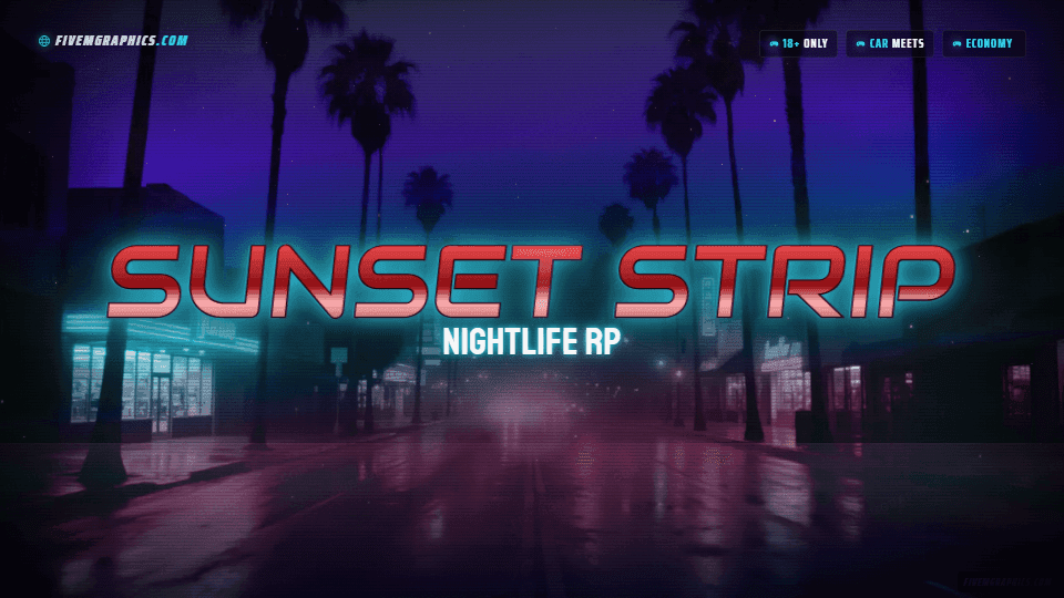 Palm Boulevard Grunge: a grunge palm boulevard scene laid out as a 1920 by 1080 FiveM loading screen for FiveM, with the server name across the middle and the invite on the ribbon.