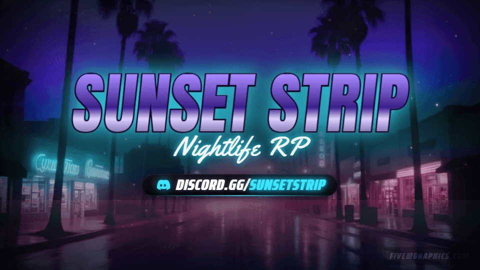 Palm Boulevard Photoreal: a photoreal palm boulevard scene laid out as a 1920 by 1080 Twitch offline screen for Twitch, with the server name across the middle and the invite on the ribbon.