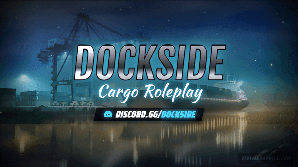 Port Cranes Photoreal: a photoreal port cranes scene laid out as a 960 by 540 Discord server banner for Discord, with the server name across the middle and the invite on the ribbon.