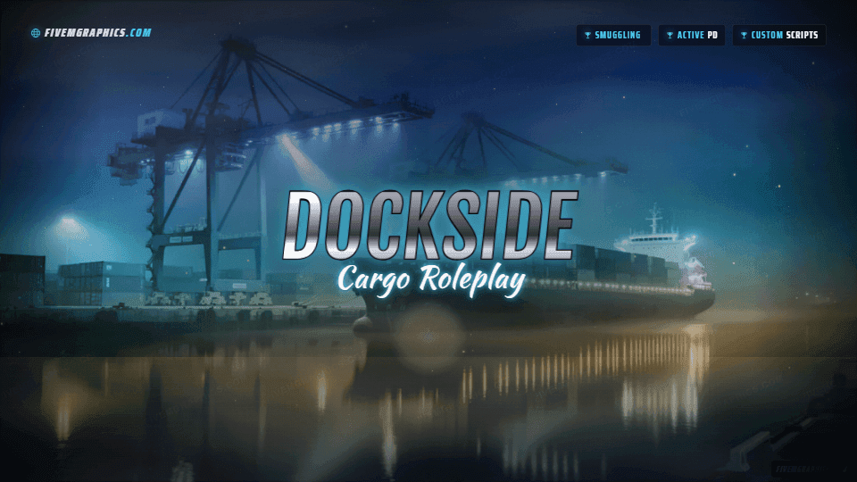 Port Cranes Photoreal: a photoreal port cranes scene laid out as a 1920 by 1080 FiveM loading screen for FiveM, with the server name across the middle and the invite on the ribbon.