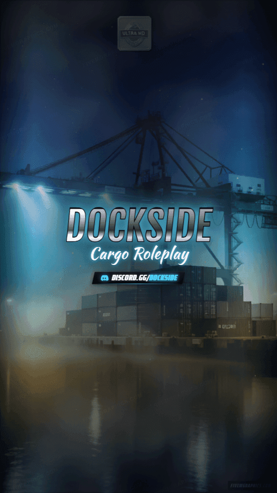 Port Cranes Photoreal: a photoreal port cranes scene laid out as a 1080 by 1920 vertical story for TikTok, with the server name across the middle and the invite on the ribbon.