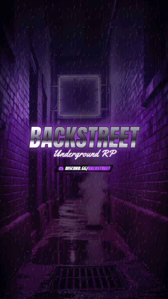 Rain Alley Photoreal: a photoreal rain alley scene laid out as a 1080 by 1920 vertical story for TikTok, with the server name across the middle and the invite on the ribbon.