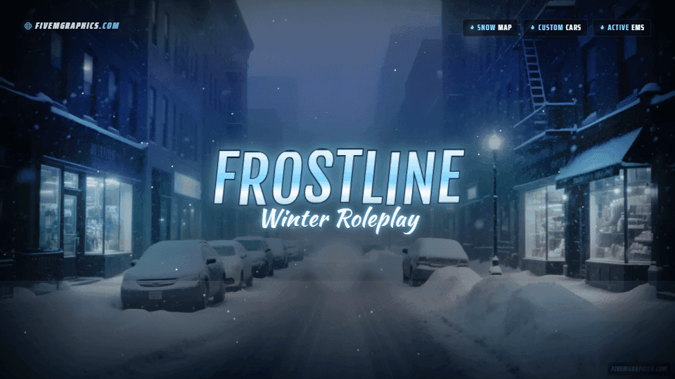 Snow City Photoreal: a photoreal snow city scene laid out as a 1920 by 1080 FiveM loading screen for FiveM, with the server name across the middle and the invite on the ribbon.