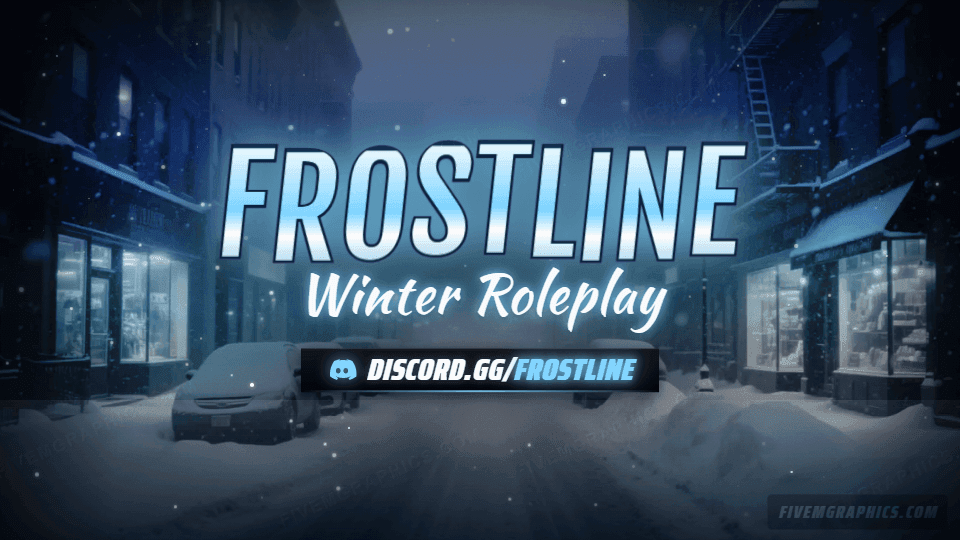 Snow City Photoreal: a photoreal snow city scene laid out as a 1920 by 1080 Twitch offline screen for Twitch, with the server name across the middle and the invite on the ribbon.