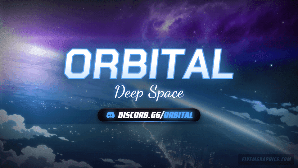 Space Orbit Anime: a anime space orbit scene laid out as a 960 by 540 Discord server banner for Discord, with the server name across the middle and the invite on the ribbon.