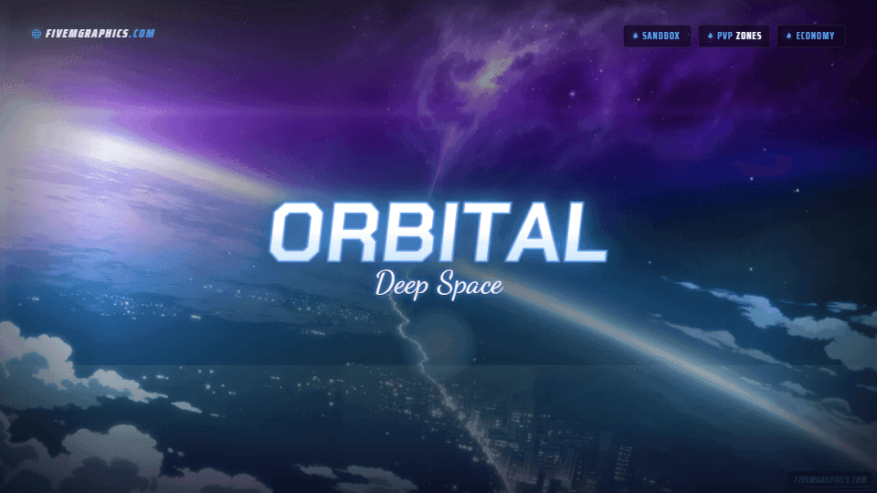 Space Orbit Anime: a anime space orbit scene laid out as a 1920 by 1080 FiveM loading screen for FiveM, with the server name across the middle and the invite on the ribbon.