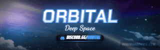 Space Orbit Anime: a anime space orbit scene laid out as a 320 by 100 Twitch panel for Twitch, with the server name across the middle and the invite on the ribbon.