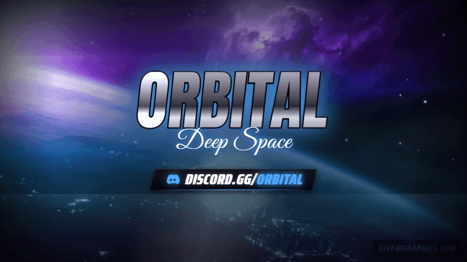 Space Orbit Photoreal: a photoreal space orbit scene laid out as a 960 by 540 Discord server banner for Discord, with the server name across the middle and the invite on the ribbon.