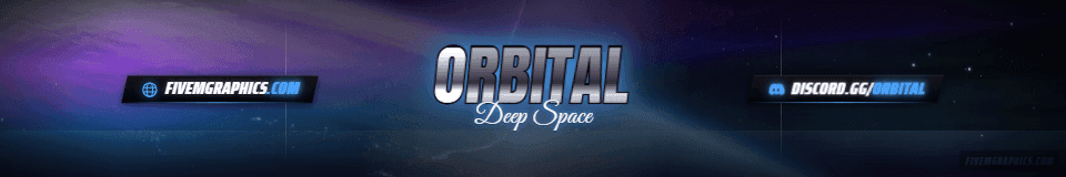 Space Orbit Photoreal: a photoreal space orbit scene laid out as a 1920 by 320 FiveM connecting banner for FiveM, with the server name across the middle and the invite on the ribbon.