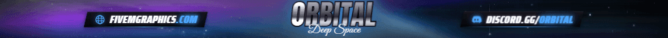 Space Orbit Photoreal: a photoreal space orbit scene laid out as a 1865 by 108 FiveM info banner for FiveM, with the server name across the middle and the invite on the ribbon.