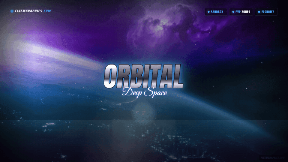 Space Orbit Photoreal: a photoreal space orbit scene laid out as a 1920 by 1080 FiveM loading screen for FiveM, with the server name across the middle and the invite on the ribbon.