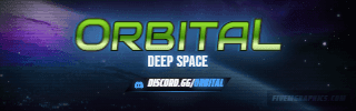 Space Orbit Grunge: a grunge space orbit scene laid out as a 320 by 100 Twitch panel for Twitch, with the server name across the middle and the invite on the ribbon.