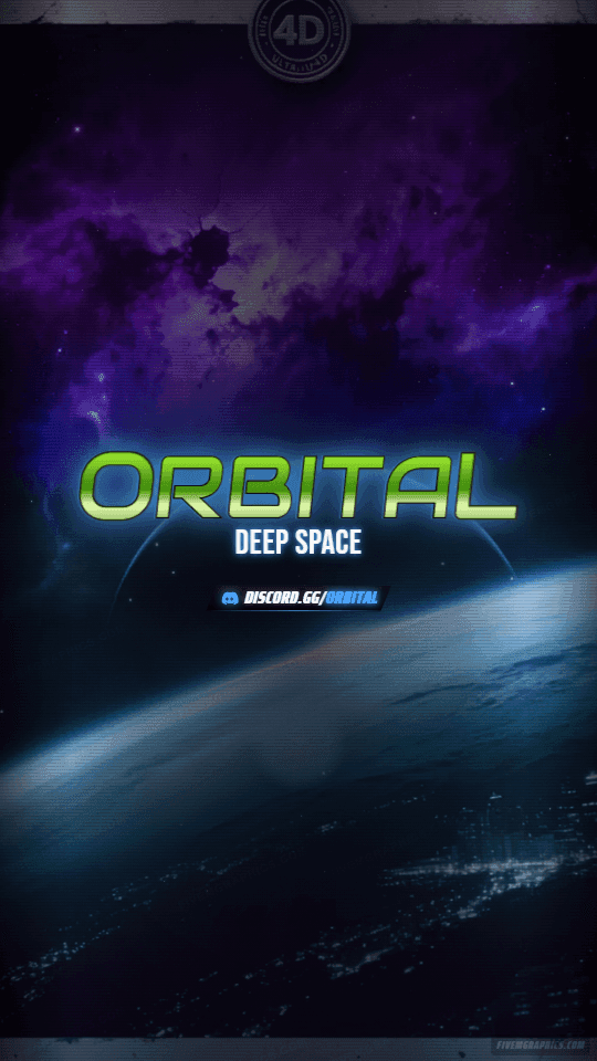 Space Orbit Grunge: a grunge space orbit scene laid out as a 1080 by 1920 vertical story for TikTok, with the server name across the middle and the invite on the ribbon.