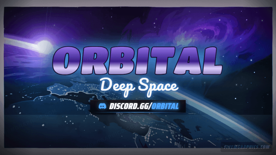 Space Orbit Painted: a painted space orbit scene laid out as a 960 by 540 Discord server banner for Discord, with the server name across the middle and the invite on the ribbon.