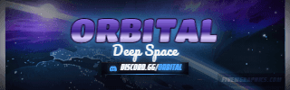 Space Orbit Painted: a painted space orbit scene laid out as a 320 by 100 Twitch panel for Twitch, with the server name across the middle and the invite on the ribbon.