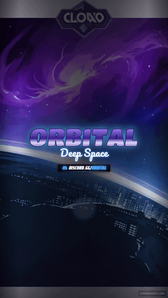 Space Orbit Painted: a painted space orbit scene laid out as a 1080 by 1920 vertical story for TikTok, with the server name across the middle and the invite on the ribbon.