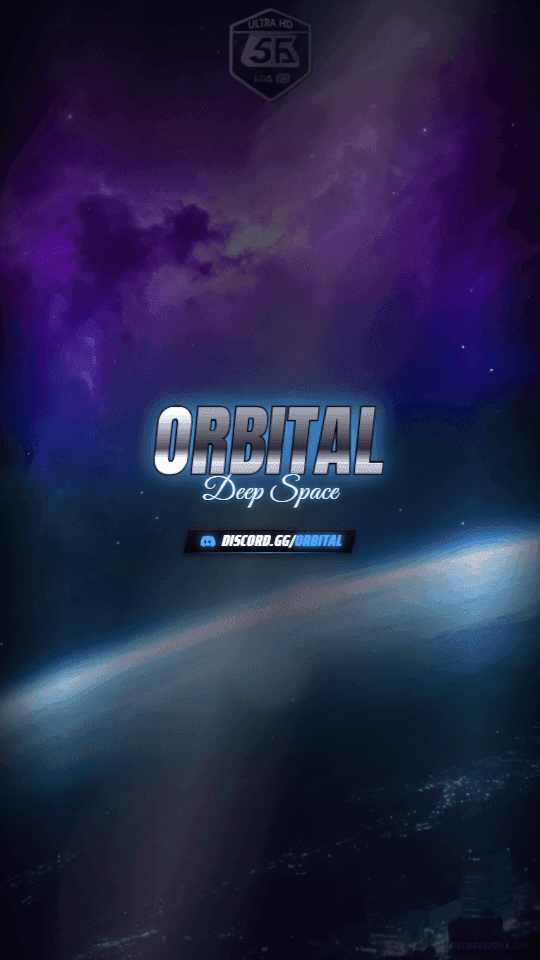 Space Orbit Photoreal: a photoreal space orbit scene laid out as a 1080 by 1920 vertical story for TikTok, with the server name across the middle and the invite on the ribbon.