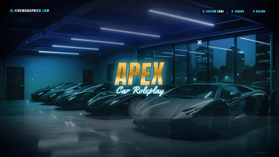 Supercar Garage Photoreal: a photoreal supercar garage scene laid out as a 1920 by 1080 FiveM loading screen for FiveM, with the server name across the middle and the invite on the ribbon.