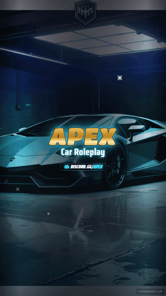 Supercar Garage Painted: a painted supercar garage scene laid out as a 1080 by 1920 vertical story for TikTok, with the server name across the middle and the invite on the ribbon.