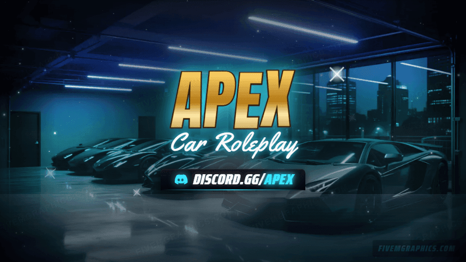 Supercar Garage Photoreal: a photoreal supercar garage scene laid out as a 1920 by 1080 Twitch offline screen for Twitch, with the server name across the middle and the invite on the ribbon.