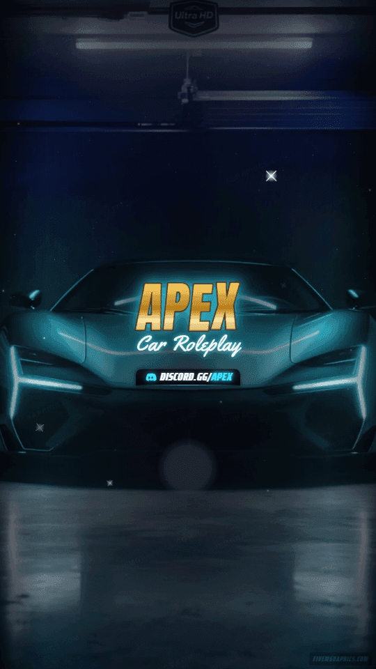 Supercar Garage Photoreal: a photoreal supercar garage scene laid out as a 1080 by 1920 vertical story for TikTok, with the server name across the middle and the invite on the ribbon.