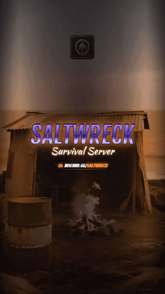 Survival Camp Photoreal: a photoreal survival camp scene laid out as a 1080 by 1920 vertical story for TikTok, with the server name across the middle and the invite on the ribbon.
