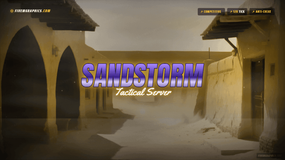 Tactical Dust Photoreal: a photoreal tactical dust scene laid out as a 1920 by 1080 FiveM loading screen for FiveM, with the server name across the middle and the invite on the ribbon.