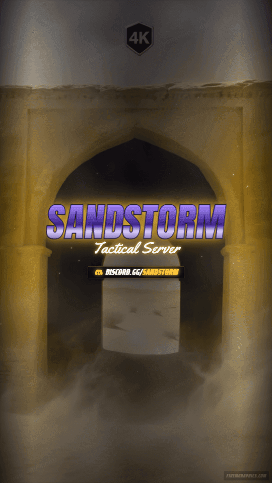 Tactical Dust Photoreal: a photoreal tactical dust scene laid out as a 1080 by 1920 vertical story for TikTok, with the server name across the middle and the invite on the ribbon.