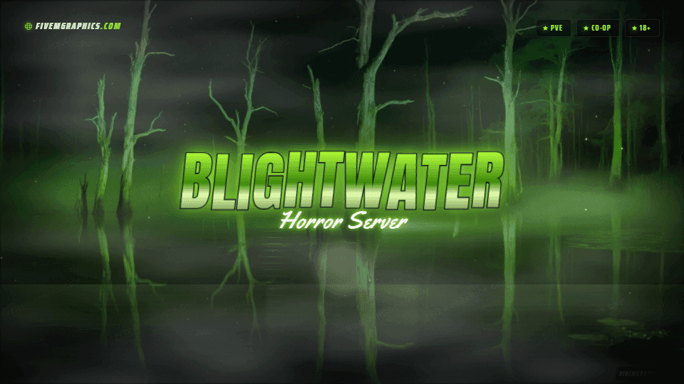 Toxic Swamp Photoreal: a photoreal toxic swamp scene laid out as a 1920 by 1080 FiveM loading screen for FiveM, with the server name across the middle and the invite on the ribbon.