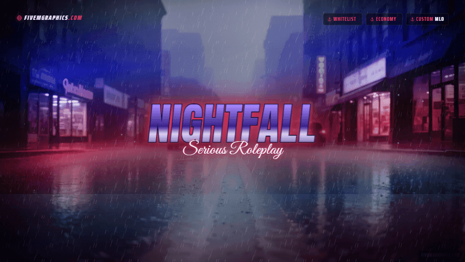 Wet Asphalt Photoreal: a photoreal wet asphalt scene laid out as a 1920 by 1080 FiveM loading screen for FiveM, with the server name across the middle and the invite on the ribbon.