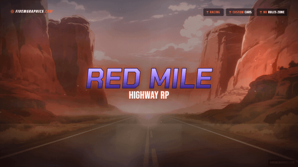 Canyon Highway Anime: a anime canyon highway scene laid out as a 1920 by 1080 FiveM loading screen for FiveM, with the server name across the middle and the invite on the ribbon.
